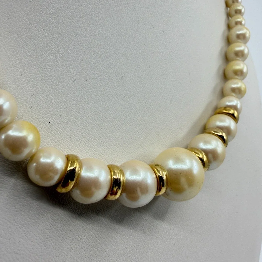 Classic Cream Faux Pearl Necklace with Gold-Tone Accents Statement Jewelry